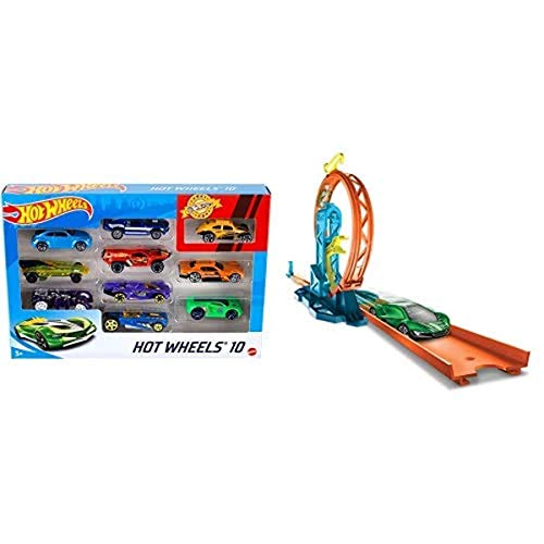Hot Wheels 54886 1:64 Die-Cast Auto Geschenkset, je 10 Spielzeugautos, zufällige Auswahl, Spielzeug Autos ab 3 Jahren, 10er Pack+GLC90 - Track Builder Unlimited Looping Kicker Set Zubehörteile von Hot Wheels