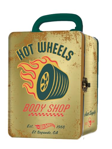 Hot Wheels Auto-Tragetasche aus Metall im Maßstab 1:64, 18 Spielzeugaufbewahrung und Organizer, Geschenk für Sammler, Kinder ab 3 Jahren, 3D-HW-Renndeckel-Design (Autos nicht im Lieferumfang enthalten von Hot Wheels