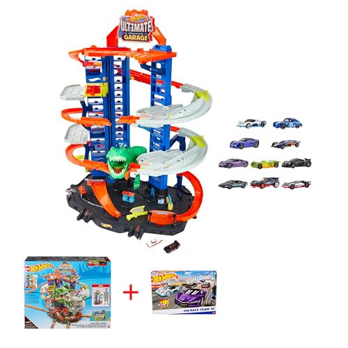Hot Wheels Bundle Pack - City Robo-T-Rex (GJL14) + 10er-Pack Spielzeugautos (HMK47) MEGAcity Parkgarage und Rennautos im Maßstab 1:64, für Kinder ab 3 Jahren von Hot Wheels