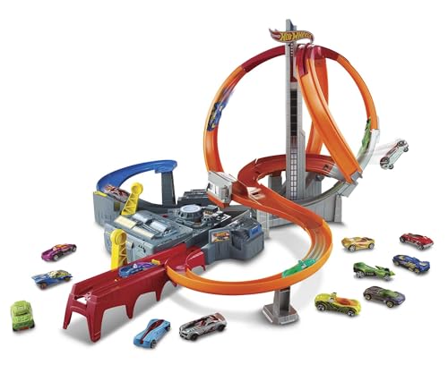 Hot Wheels Autorennbahn Mega Crash Superbahn, mit Looping Tracks und Kurven, inkl. 1 Spielzeugauto und 2 Starter, Auto Spielzeug, Spielzeug ab 6 Jahre, CDL45 von Hot Wheels