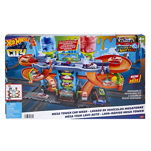 Hot Wheels City Autorennbahn mit Autowaschanlage, mit Farbwechseleffekt inkl. 1 Spielzeugauto, Auto Spielzeug, Spielzeug ab 4 Jahre, HDP05 von Hot Wheels