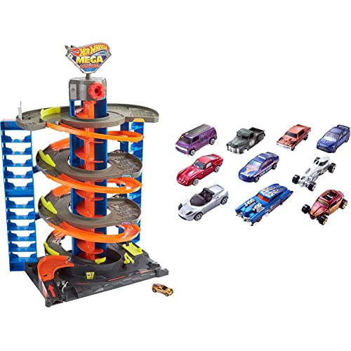 Hot Wheels City Power-Parkgarage Spielset mit Aufzug, für 60+ Fahrzeuge, mit 1 Hot Wheels Fahrzeug im Maßstab 1:64 & 1:64 Die-Cast Auto Geschenkset, je 10 Spielzeugautos, 10er Pack von Hot Wheels