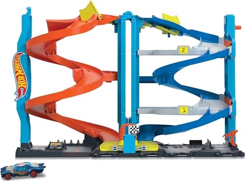 Hot Wheels City Trackset mit 1 Auto, 2-in-1-Rennturm, von Einzelbahn in zweispurige Rennbahn umwandelbar, manueller Aufzug, HKX43 von Hot Wheels