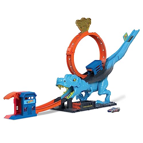 Hot Wheels City T-Rex Angriff - Geschicklickheit durch genaues Timing, Polizeiwache, Looping, Dinosaurier, Kreuz-Augen, für Kinder ab 4 Jahren, HNP77 von Hot Wheels
