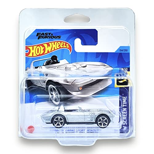 Hot Wheels Corvette Grand Sport Roadster (Silber) 8/10 HW Bildschirmzeit – 2023–154/250 (kurze Karte) – wird in einer Klas-Autoaufbewahrungsschutzhülle HKH90 geliefert von HOT WHEELS