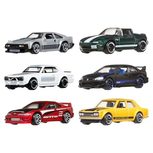 Hot Wheels Die-Cast-Spielzeugautos im Maßstab 1:64, Set mit 6 japanischen Fahrzeugen mit hochwertiger Deko (Stile können abweichen), JBY77 von Hot Wheels