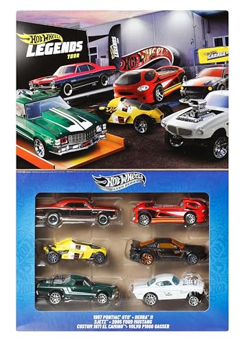 Hot Wheels Die-Cast-Spielzeugautos und -Trucks im Maßstab 1:64, Set mit 6 HW Legends-Fahrzeugen mit hochwertiger Deko (Stile können abweichen), JBY78 von Hot Wheels