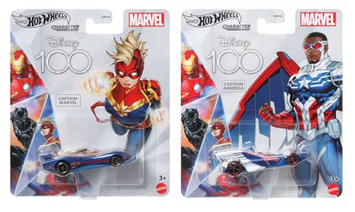Hot Wheels Disney 100 Marvel Character Cars, Captain America und Captain Marvel, 2er-Pack Sammlerfahrzeuge aus Druckguss von Hot Wheels
