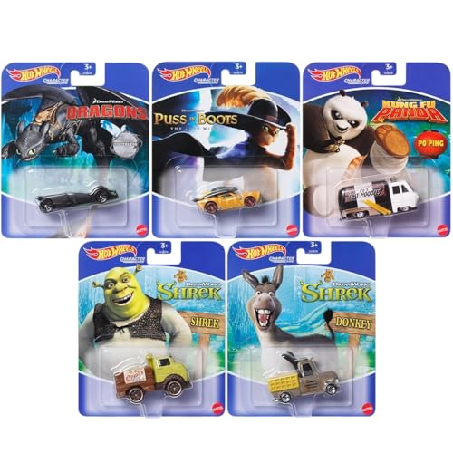 Hot Wheels DreamWorks Character Cars Collection Set, 5er-Pack, Drachen, Kuss in Stiefeln, Kung Fu Panda, Shrek, ab 3 Jahren, HHB74-956M von Hot Wheels