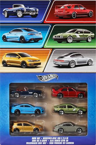 Hot Wheels Druckguss-Spielzeugautos im Maßstab 1:64, Set mit 6 europäischen Fahrzeugen mit erhöhtem Dekor (Stile können variieren) von Hot Wheels