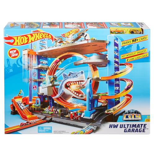 Hot Wheels Garage, Hot Wheels Hai Parkgarage inkl. 2 Spielzeugautos, mit Autorennbahn, Looping Tracks, Auto Spielzeug Aufzug und Platz für +90 Autos, Höhe: 63cm, Spielzeug ab 5 Jahre, FTB69 von Hot Wheels