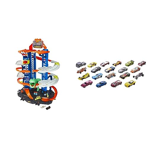 Hot Wheels GJL14 City Robo T Rex Megacity Parkgarage mit Spielzeug Dinosaurier inkl. 2 Spielzeugautos & DXY59 20er Pack 1:64 Die-Cast Fahrzeuge Geschenkset, je 20 Spielzeugautos von Hot Wheels