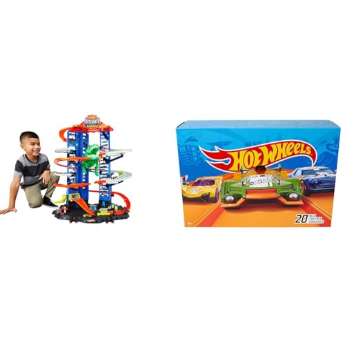 Hot Wheels GJL14 City Robo T Rex Megacity Parkgarage mit Spielzeug Dinosaurier inkl. 2 Spielzeugautos & DXY59 20er Pack 1:64 Die-Cast Fahrzeuge Geschenkset, je 20 Spielzeugautos von Hot Wheels