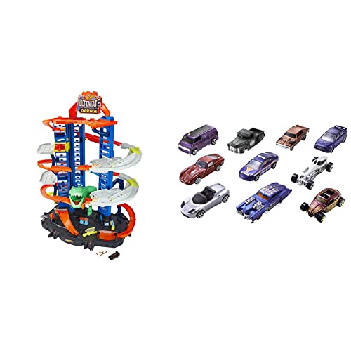 Hot Wheels Exklusives Kombi-Angebot: GJL14 City Robot Rex Megacity Parkgarage mit Spielzeug Dinosaurier inkl. 2 Spielzeugautos + Hot Wheels 54886 1:64 Die-Cast AutoGeschenkset, 10er Pack von Hot Wheels