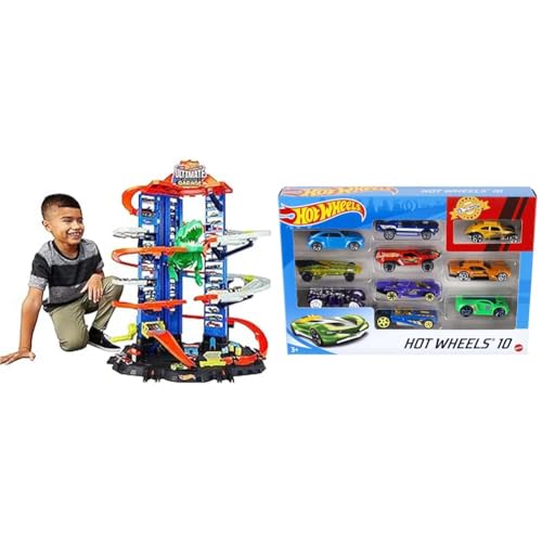 Hot Wheels Exklusives Kombi-Angebot: GJL14 City Robot Rex Megacity Parkgarage mit Spielzeug Dinosaurier inkl. 2 Spielzeugautos + Hot Wheels 54886 1:64 Die-Cast AutoGeschenkset, 10er Pack von Hot Wheels