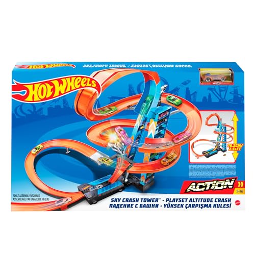 Hot Wheels GJM76 - Himmelscrash Turm 83 cm hoch mit batteriebetriebenem Beschleuniger und mit Looping, Geschenk für Kinder ab 5 Jahren von Hot Wheels
