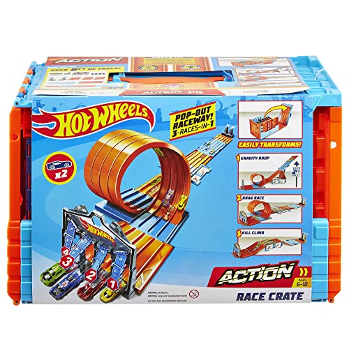Hot Wheels Bahn Track Builder, Rennkiste (3 Stunts in 1 Set) zum Bauen von Autorennbahnen für Hot Wheels Autos, inkl. 2 Spielzeugautos, Auto Spielzeug, Spielzeug ab 6 Jahre, GKT87 von Hot Wheels