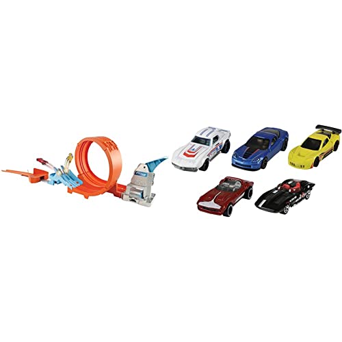 Hot Wheels GTV13 - Loop Stunt Champion Track-Set mit 1 Hot Wheels Fahrzeug im Maßstab 1:64, Spielzeug Autorennbahn für Kinder ab 4 Jahren & 1806 - Geschenkset, je 5 Fahrzeuge, 5er Pack von Hot Wheels