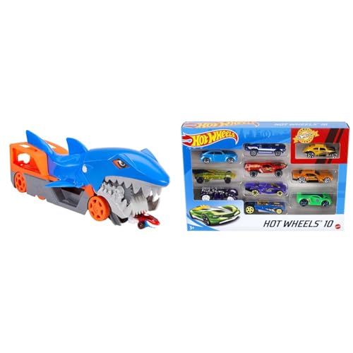 Hot Wheels GVG36 - Hungriger Hai-Transporter-Spielset & 54886-1:64 Die-Cast Auto Geschenkset, je 10 Spielzeugautos, zufällige Auswahl, Spielzeug Autos ab 3 Jahren, 10er Pack, Mehrfarbig von Hot Wheels