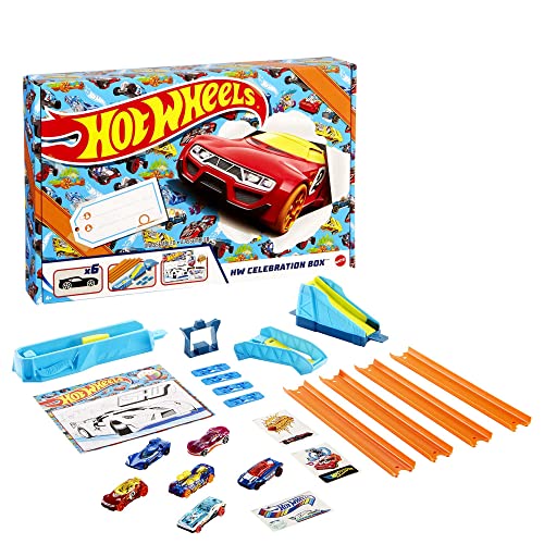 Hot Wheels GWN96 - Celebration Box Vollständiges Starterset mit 6 Fahrzeugen, Tracks und Rampen, Spielzeug Autorennbahn ab 4 Jahren von Hot Wheels