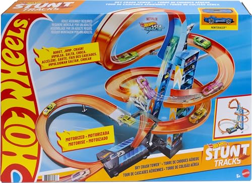 Hot Wheels - Himmelscrash-Turm, 60cm hoch mit batteriebetriebenem Beschleuniger und orangem Track mit Looping, Geschenk für Kinder von 5 bis 10 Jahren, Abweichungen in Verpackung vorbehalten, GWT39 von Hot Wheels