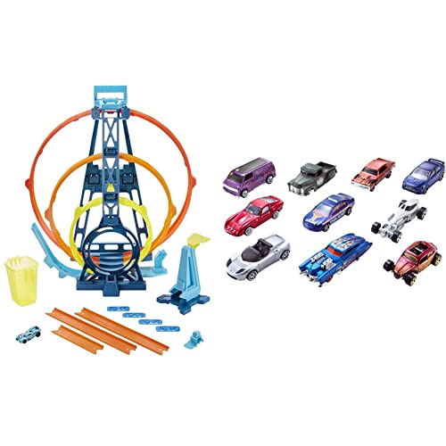Hot Wheels GYP65 - Track Builder Unlimited Triple Loop Kit, Spielset ab 6 Jahren & 54886 1:64 Die-Cast Auto Geschenkset, je 10 Spielzeugautos, Spielzeug Autos ab 3 Jahren, 10er Pack von Hot Wheels