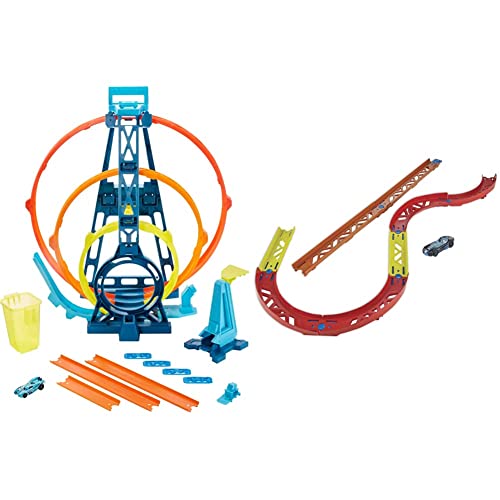 Hot Wheels GYP65 - Track Builder Unlimited Triple Loop Kit, Spielzeug Autorennbahn ab 6 Jahren & GLC88 - Track Builder Unlimited Vielseitiges Kurven Set Zubehörteile, ab 6 Jahren von Hot Wheels