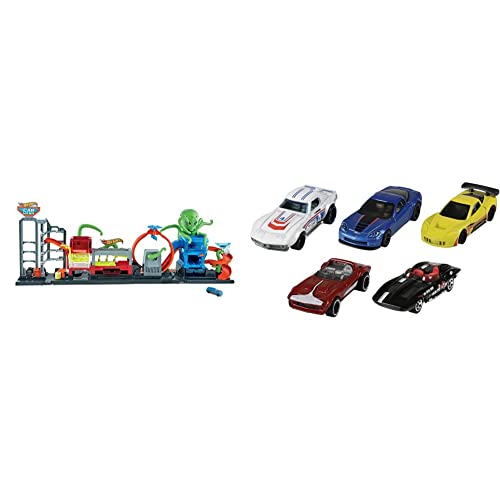 Hot Wheels HBY96 - City Color Reveal Ultimative Auto-Waschanlage Spielset ab 4 Jahren & 1806 - Geschenkset, je 5 Fahrzeuge, zufällige Autos/Fahrzeugmodelle, 5er Pack von Hot Wheels