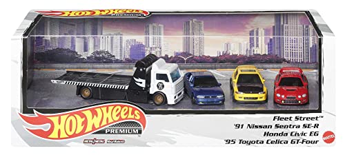 Hot Wheels HCR53 - Premium Collect Display Sets mit 3 Die-Cast-Autos im Maßstab 1:64 und 1 Teamtransport-Fahrzeug, Sammlerstücke, 2 Sets im Sortiment für Sammler jeden Alters von Hot Wheels