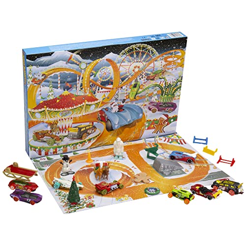 Hot Wheels Adventskalender, 8 Spielzeugautos mit Feiertagsmotiven und diversem Zubehör mit Spielmatte, Geschenk & Spielzeug für Kinder ab 3 Jahren, HCW15 von Hot Wheels