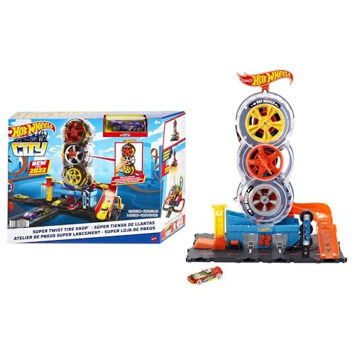 Hot Wheels HDP02 - City Super Reifenshop Spielset, mit Einer Schlüsseldrehung die Autos durch die Reifen schicken, enthält 1 Hot-Wheels-Fahrzeug, Spielzeug Geschenk für Kinder von 4 bis 8 Jahren von Hot Wheels