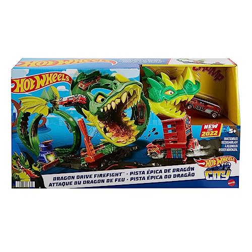 Hot Wheels HDP03 - City Drachenangriff Spielset, besiege den Drachen mit Stunts, lässt Sich mit Anderen Sets verbinden, enthält 1 Spielzeugauto, Geschenk für Kinder ab 3 Jahren von Hot Wheels