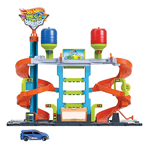 Hot Wheels City Autorennbahn mit Autowaschanlage, mit Farbwechseleffekt inkl. 1 Spielzeugauto, Auto Spielzeug, Spielzeug ab 4 Jahre, HDP05 von Hot Wheels
