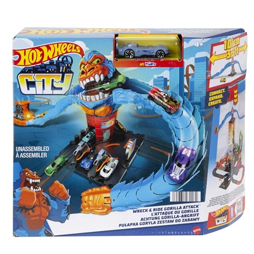 Hot Wheels HDR30 - Gorilla-Angriff mit 1 Hot Wheels Auto, mit Anderen Sets verbindbar, Set mit Tankstelle, Autorennbahn Spielzeug für Kinder ab 4 Jahren von Hot Wheels