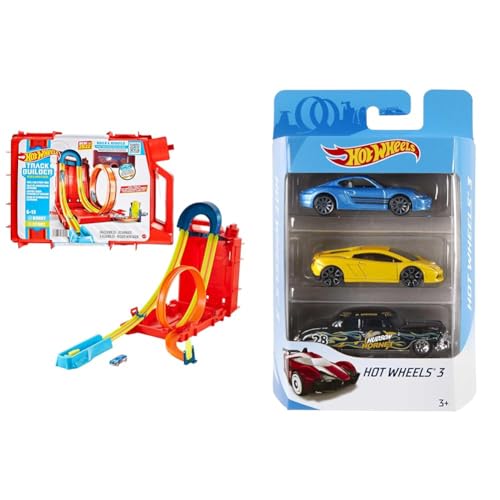 Hot Wheels HDX78 - Track Builder Unlimited Benzinkanister-Stuntbox, Zusammenbau-Set für Stunt- und Rennaction, ab 6 Jahren & K5904-3er Geschenkset 1:64 Die-Cast Fahrzeuge Sortiert, ab 3 Jahren von Hot Wheels