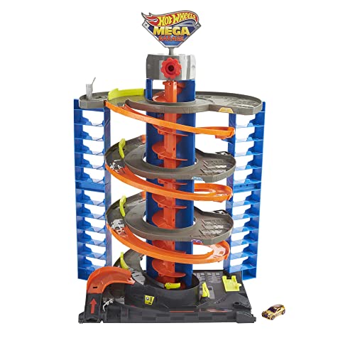 Hot Wheels Garage, Hot Wheels Parkgarage inkl. 1 Spielzeugauto, mit Autorennbahn, Auto Spielzeug Aufzug, Spurwechsler und Platz für +60 Autos, Höhe: 70cm, Spielzeug ab 4 Jahre, HFH03 von Hot Wheels