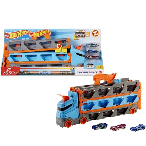 Hot Wheels - 2:1 Autorennbahn zu Transporter, inkl. 3 Spielzeugautos, mit Doppelstarter, Auslösefunktion und Weiche, Platz für 20 Autos, Spielzeug ab 4 Jahre, HGH33 von Hot Wheels