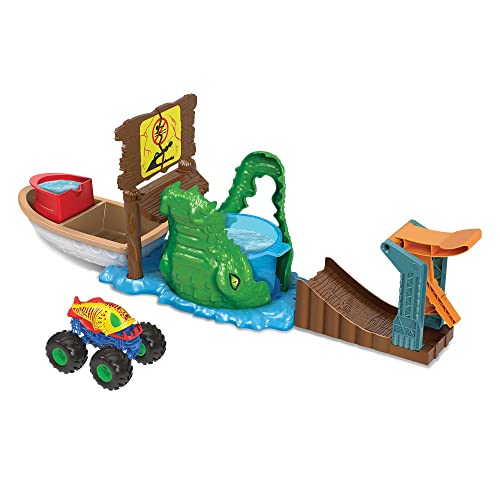 Hot Wheels Monster Trucks Sumpfattacke Spielset - Farbwechsel-Truck, Krokodil, Boot, Warmwassertasse, für Kinder ab 4 Jahren, HGV14 von Hot Wheels