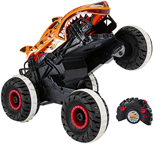 Hot Wheels Ferngesteuertes Auto Tiger Shark, Monstertruck, mit 'Terrain Stomp' Technologie für tierähnliche Bewegungen, Wheelie Modus für Drehen auf 2 Rädern, Spielzeug ab 4 Jahre, HGV87 von Hot Wheels