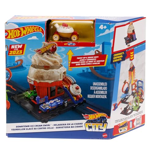 Hot Wheels City Downtown Spielset Eiskrem-Strudel - Rennbahn-Action mit manuellem Aufzug, Eiskrem-Wirbel und herunterklappbarer Rampe, inklusive 1 Auto, für Kinder ab 4 Jahren, HKX38 von Hot Wheels