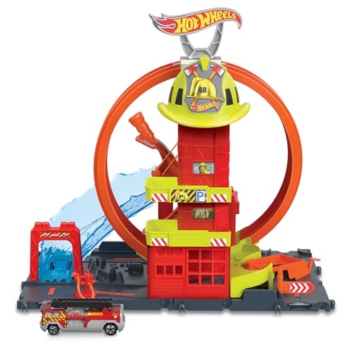 Hot Wheels City Super-Looping Feuerwache - Spielset mit manuellem Aufzug und wasserähnlicher Rampe und Parkplätzen für zusätzliche Autos, für Kinder ab 4 Jahren, HKX41 von Hot Wheels