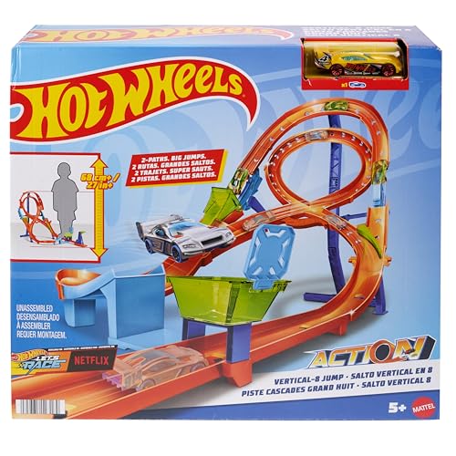 HOT WHEELS Trackset mit 1 Fahrzeug, Rennstrecke mit 8er-Kurve für Stunt- und Rennaction, lässt Sets verbinden und zur Aufbewahrung zusammenklappen, HMB15 von HOT WHEELS