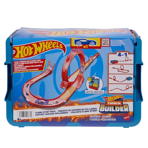 Hot Wheels Trackset, Trackset im Feuer-Design mit einem Hot Wheels Fahrzeug, 16 Track- und Stuntkomponenten in stapelbarer Spielzeug-Aufbewahrungsbox, HMC04 von Hot Wheels