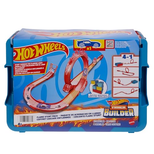 Hot Wheels Trackset, Trackset im Feuer-Design Fahrzeug, 16 Track- und Stuntkomponenten in stapelbarer Spielzeug-Aufbewahrungsbox, HMC04 von Hot Wheels