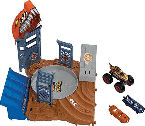 HOT WHEELS Monster Trucks Arena Smashers - Tigerhai Schleuder-Challenge im 1:64 Hai-Fahrzeug, 2 kaputtgehende Autos, beweglicher Sockel, für Kinder ab 4 Jahren, HNB93 von Hot Wheels