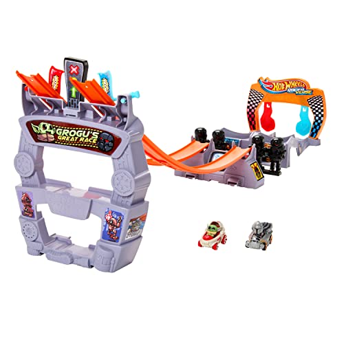 HOT WHEELS RacerVerse - Star Wars inspiriertes Trackset Grogu und Mandalorian Fahrzeuge, Lichtschwert-Starter und Ziellinien-Flagge für spannende Kopf-an-Kopf-Rennen, für Kinder ab 4 Jahren, HPL32 von Hot Wheels