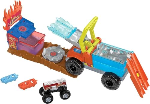 Hot Wheels Monster Trucks Arena Smashers Color Shifters 5-Alarm Rescue-Spielset - Farbwechselfunktionen, Rampe, Tank, Starter, zerstörbare Autos, für Kinder ab 4 Jahren, HPN73 von Hot Wheels