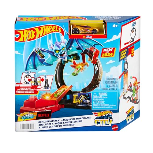 Hot Wheels Let's Race Netflix - City Spielzeugauto Trackset, Angriff der Fledermaus mit anpassbarem Looping und Starter, Spielzeugauto im Maßstab 1:64, HTN78 von Hot Wheels