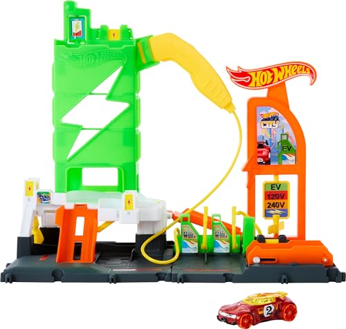 Hot Wheels Let's Race Netflix - City Superladung Tankstelle-Spielset mit Ladestationen für Elektrofahrzeuge und Spielzeugauto im Maßstab 1:64, HTN79 von Hot Wheels