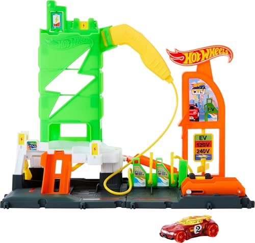 Hot Wheels Let's Race Netflix - City Superladung Tankstelle-Spielset mit Ladestationen für Elektrofahrzeuge und Spielzeugauto im Maßstab 1:64, HTN79 von Hot Wheels